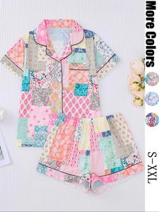 Women's All Over Print Pajama Set, Casual Comfy Button Front Chest Pocket Design Lapel Neck Top & Elastic Waist Shorts PJ Set, Ladies Sleepwear