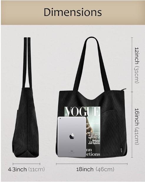 Prite Corduroy Tote Bag for Women Large Shoulder Bag with Zipper and Pockets for College School Work Travel Shopping 2