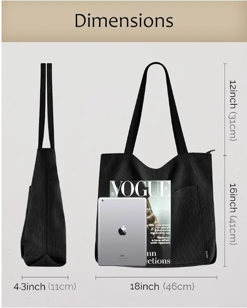 Prite Corduroy Tote Bag for Women Large Shoulder Bag with Zipper and Pockets for College School Work Travel Shopping 2