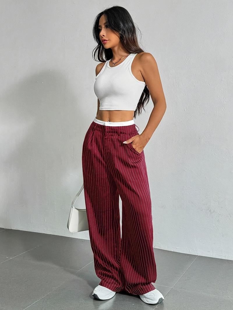 Product Introduction of Women's High-Waist Striped Wide-Leg Blazer Pants - Navy Blue & White Vertical Stripes, Polyester, Casual Style, Machine Washable, Spring/Summer/Fall Wear, Versatile Legwear | Wideleg Design | Glossy Texture, Wide Leg Pants 20