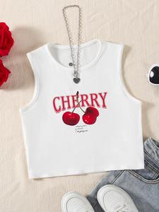 Girl's Cherry Print Crop Tank Top, Casual Sleeveless Round Neck Top for Summer, Kids Clothes for Daily Wear