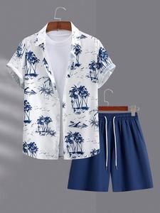 Men's Coconut Tree Print Shortsleeve Shirt & Shorts Two-piece Set, Regular Fit Casual Short Sleeve Button Up Top & Drawstring Waist Shorts, Men's Summer Outfits, Menswear, Matching Shorts Set, Matching Sets