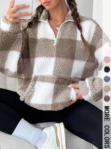 Women's Plaid Print Half Zip Drop Shoulder Fleece Sweatshirt, Casual Long Sleeve Stand Collar Pullover for Spring & Fall, Ladies Clothes for Daily Wear soft cardigan crochet cardigan tops  for  women summer  jumper  sweetheart  neckline