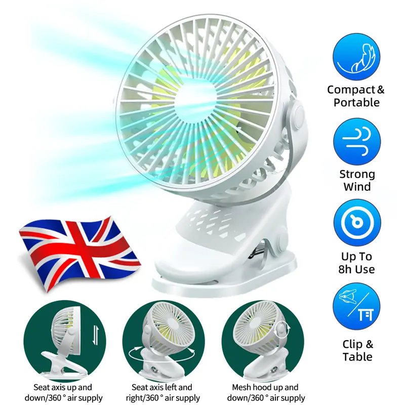 UK Clip On Fan 3 Speed USB Rechargeable Mini Cooling Desk Baby Stroller Portable white fan clip  fan cooling  fan smart  fan fan  air  cooler 1