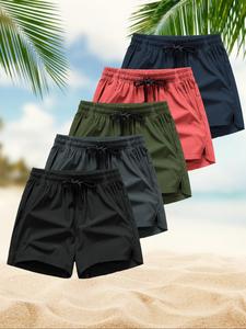 Men's Letter Print Drawstring Waist Beach Shorts, Casual Breathable Comfortable Zipper Pocket Shorts for Summer, Men's Bottoms for Beach Vacation