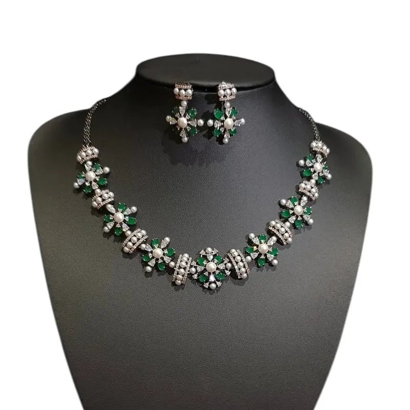 Lab-Grown Emeralds Necklace Set with Cubic Zirconia & Pearls – Black Polish Rhodium Oxidised Finish 0