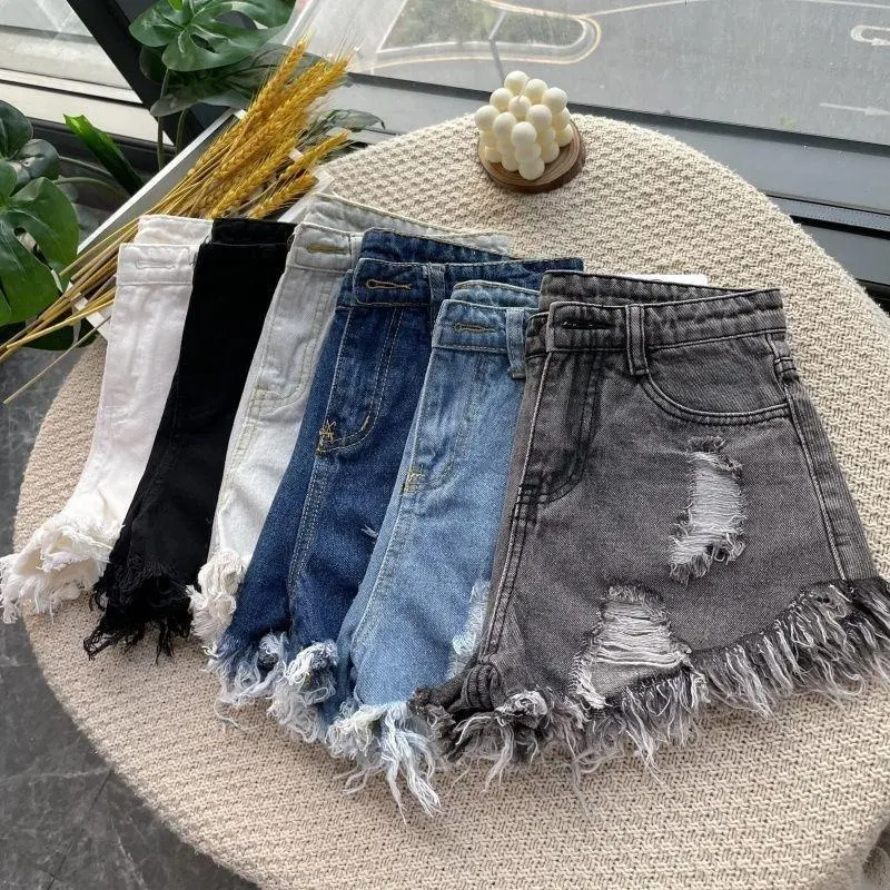 Summer New High Waist Tassel Hole Denim Shorts Women Korean Version Raw Edge Wide Leg Loose Black Blue Jean Shorts Female