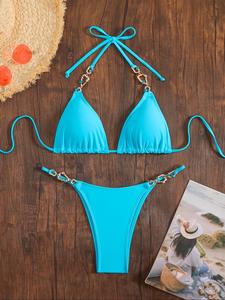 Two-piece Set Women's Chain Decor Bikini Set, Solid Halter Neck Tie Back Swim Top & Swim Bottom, Ladies Swimsuit for Beach Holiday Vacation, Summer Beach Bikini