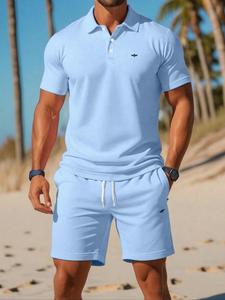 Men's Bird & Geometric Print Polo Shirt & Shorts Set, Regular Fit Casual Shortsleeve Top & Track Shorts, Men Summer Set for Beach Vacation, Menswear, Clothes