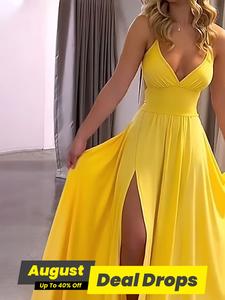 Women's Plain Criss Cross Backless Split Thigh Cami Spaghetti Strap Dress, Fitted Elegant Style Tie Back Ruched Sleeveless Long Dress for Party Holiday Wedding Guest, Ladies Summer Clothes, Womenswear