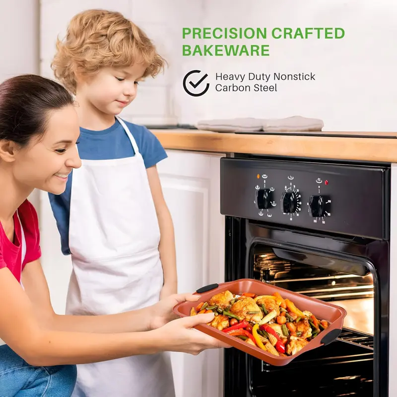 8 Piece Baking Pan Free Flexible Nonstick Carbon Steel Bakeware Set - Home Kitchen Bake Pan Cookie Sheet Stackable Baking Tray Set w/Black Silicone Handles 5