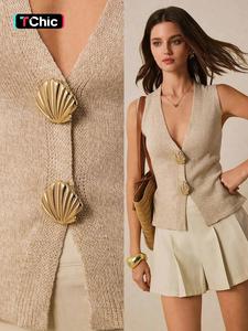 Women's Shell Decor Knit Sweater Vest, Lady Casual Minimalist Basic Fitted Sleeveless V Neck Knitwear for Spring&fall, Fashion Women's Knit Clothing for Daily Wear, Womenswear