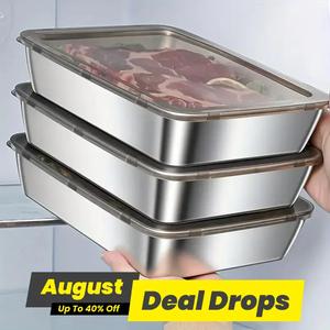 Stainless Steel Food Storage Box, 3/6 Counts Durable Food Storage Tray Container with Lid, Airtight Container Set, Food Storage Containers, Kitchen Storage Organizer for Meat, Vegetable, Fruit, Stackable Lunch Container, Leak Proof Preserving Containers