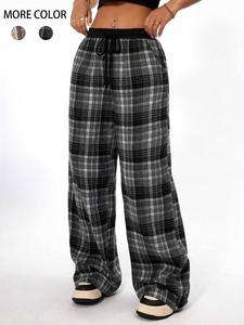 Women's Plaid Print Drawstring Waist Wide Leg Pants, Casual Comfy Pocket Trousers for Spring & Fall, Women's Bottoms for Daily Wear, Casual Comfy Baggy