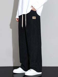 Men's Solid Letter Patched Drawstring Waist Corduroy Pants, Casual Loose Baggy Straight Leg Trousers for Spring & Fall, Men's Clothes, Fashion Men's Bottoms for Daily Wear, Menswear