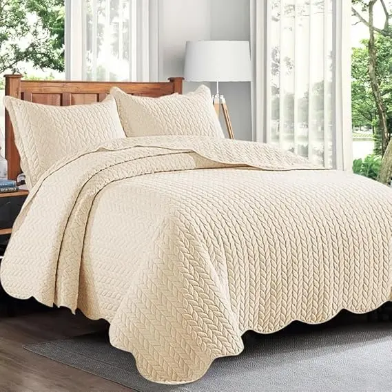 Quilt Mono Bedspread 3 Pieces Set – Coverless Quilted Leaf Motif Bedspread, Comforter Throw, Summer and All-Season Lightweight Bedding Sets, with 2 Pillow Shams 3