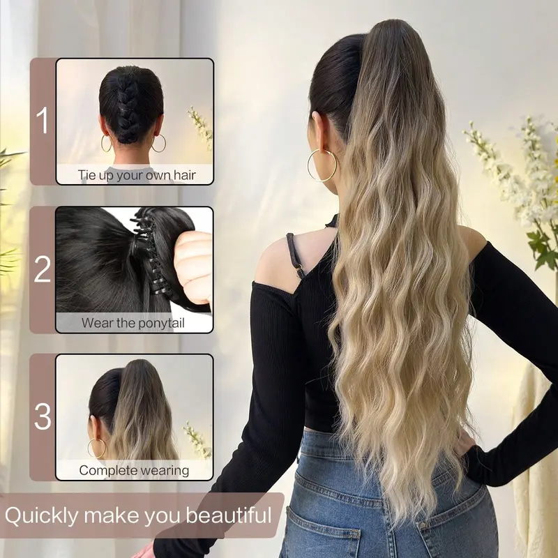 Claw Ponytail Extension Hair Ombre Long Water Wave 26 Inch Heat Resistant Fiber Synthetic Hairpiece For Women Girls Party Daily Use 7