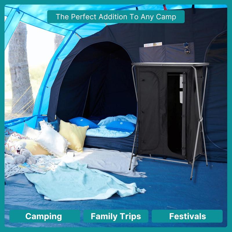 Wardrobe with 5 Shelves, Hanging Rail & Side Pockets, Steel Frame, Easy to Assemble, Portable, Folding, Collapsible, Ideal for Camping and Festivals, includes Carry Bag, Black 2