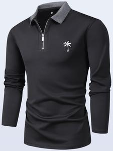 Men's Coconut Tree Print Quarter Zip Polo Shirt, Anti-wrinkle Breathable Long Sleeve Collared Tops T-shirts for Spring, Fashion Men's Clothes for Outdoor Activities Golf Business