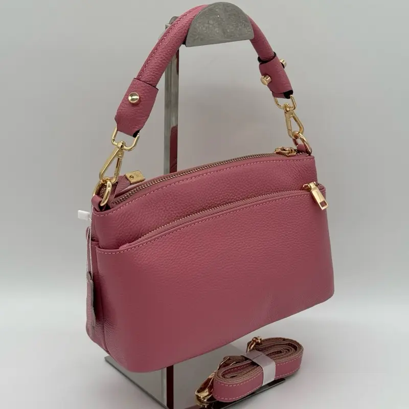 Genuine Leather Triple Zip Compartment Crossbody Grab Bag