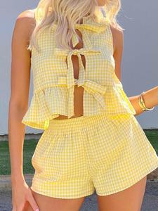 Women's Plaid Print Bow Crop Top & Shorts Two-piece Set, Casual Fashion Breathable Sleeveless Top & Wide Leg Shorts for Daily Outdoor Wear, Ladies Summer Clothes, Going Out Sets, Clothing Sets