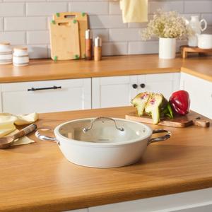 Karaca Swiss Crystal Almond Cream Non-Stick Induction Stainless Steel Handle Shallow Casserole &amp; Lid, 30cm, Cream