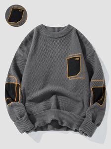 Men's Regular Fit Patchwork Print Drop Shoulder Sweater Pullover, Casual Long Sleeve Round Neck Jumper for Fall & Winter, Fashion Men's Knitwear for Daily Wear