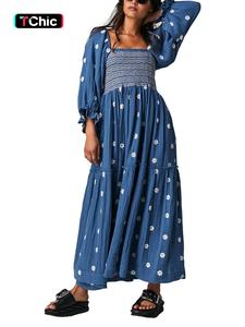 Women Bohemian Floral Dress Lantern Sleeve Square Neck Flower Embroidered Maxi Dress Flowy High Waist Long Dress
