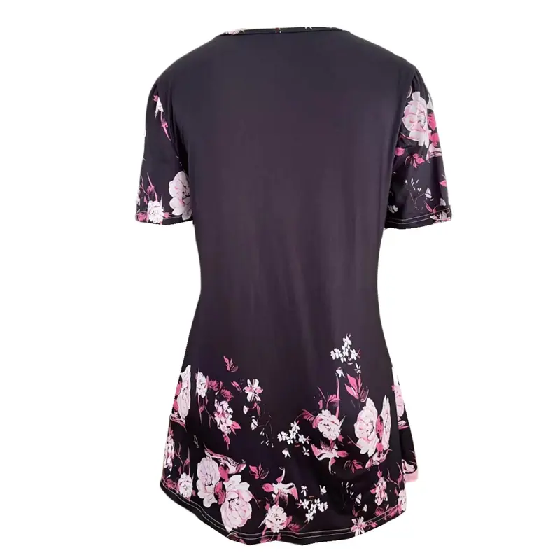 Floral Print Faux Peal Decor T-Shirt, Casual V Neck Short Sleeve Top For Spring & Summer, Women's Clothing 7