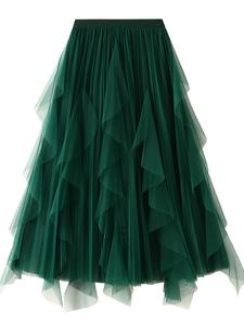 Women's Plain Draped Ruffle Pleated Tulle Skirt, Elegant Midi A-line Fitted Skirt for Party Dating Wear, Ladies Spring & Fall Bottoms