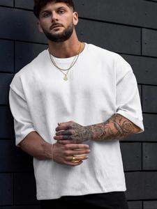 Men's Solid Ribbed Crew Neck Tee, Loose Casual Comfy Short Sleeve T-shirt for Summer, Fashion Men's Top for Daily Wear