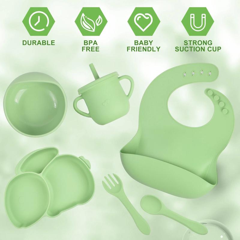Baby Weaning Feeding Set Silicone Supplies with Plate Bowl Bib Spoon Fork Cup 4
