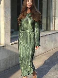 Women's Plain Lettuce Trim Belted Bodycon Dress, Elegant Flounce Sleeve Round Neck Long Sleeve Dress for Party Holiday Wedding Guest, Ladies Spring & Fall Clothes, Holiday Dresses