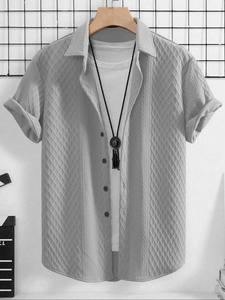 Men's Solid Jacquard Short Sleeve Shirt, Regular Fit Casual Fashion Comfy Top for Summer, Men's Clothes for Daily Wear
