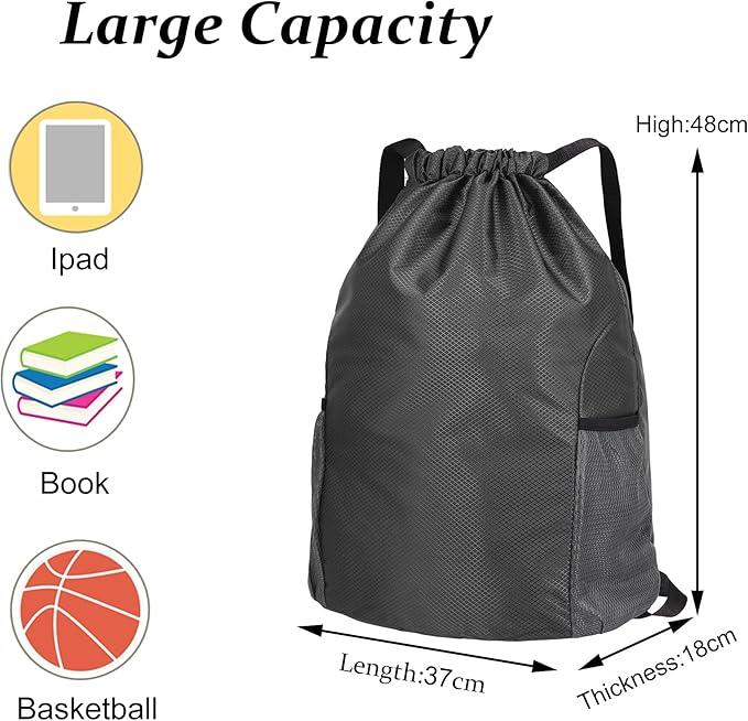 Drawstring Bag, Unisex Large Sports Backpack String Drawstring PE Bags, Sport Gym Sack have Two Side Pockets, Waterproof Travel Beach Swim School Bag 4