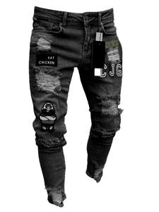 Men's Chicken Embroidery Ripped Jeans, Slim Casual Denim Pants for Daily Wear, Fashion Men's Bottoms for All Seasons, Cotton