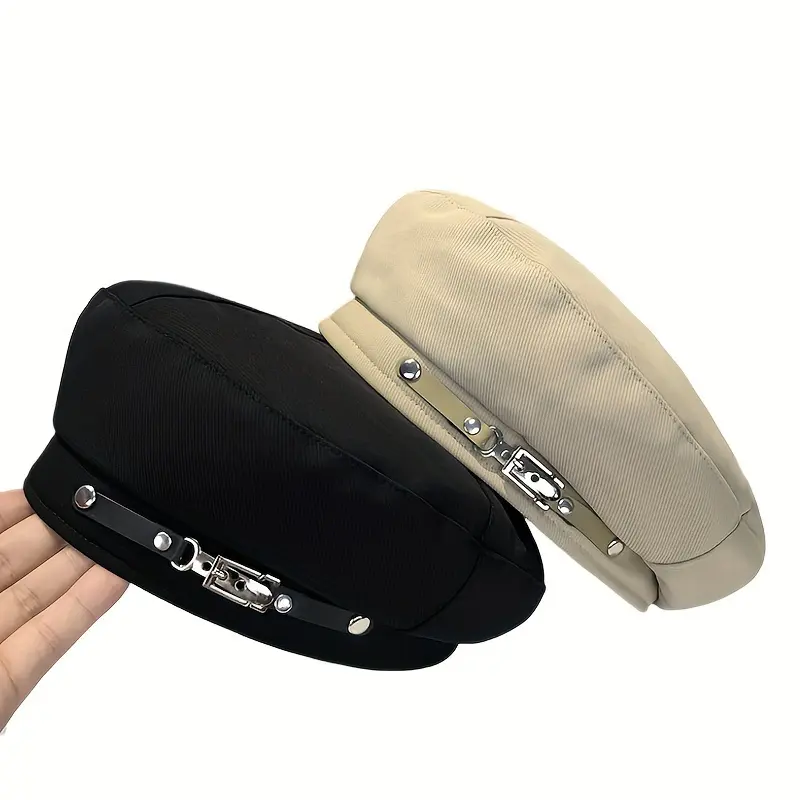 Women's Vintage Beret Hat - Lightweight Non-Stretch Painter Cap with Decorative Metal Eyelets & Adjustable Drawstring Closure, Solid Color Fall Winter Fashion Accessory for Casual Outings, Valentine's Day (Black/Beige), Cute Ladies Hats, Texture 1
