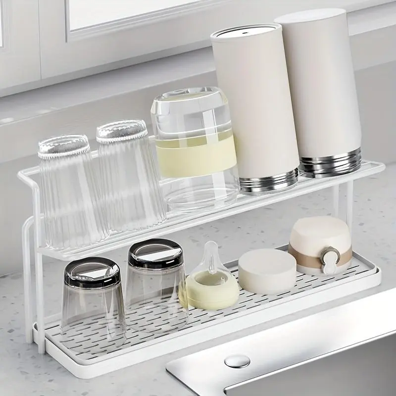 1pc Two-Tier Bottle Drying Rack with Drainage Tray - Durable Carbon Steel, Freestanding Kitchen Counter Organizer for Glass, Metal, and Plastic Bottles - Space-Saving Design, No Assembly Required, Standing Shelf 1