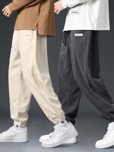 Men's Letter Patched Drawstring Waist Corduroy Pants, Casual Comfy Loose Straight Leg Trousers for Fall & Winter, Men's Bottoms for Daily Wear