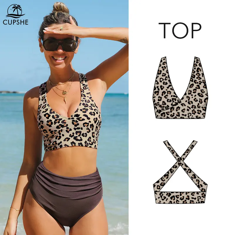 CUPSHE 1pc Bikini Top Classic Leopard Print V-neckline&Cross Back Bikini Top,for Pool Party,Vacation,Casual Summer Swimsuit,Fashion Women Swimwear 0