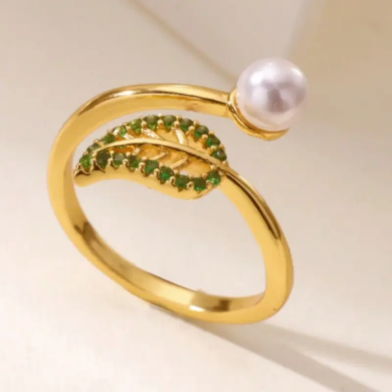 Open Zirconia Leaf Rings for Women Adjustable Gold Pearl Ring 2025 New Fashion Wedding Jewelry Gift for Couple 0