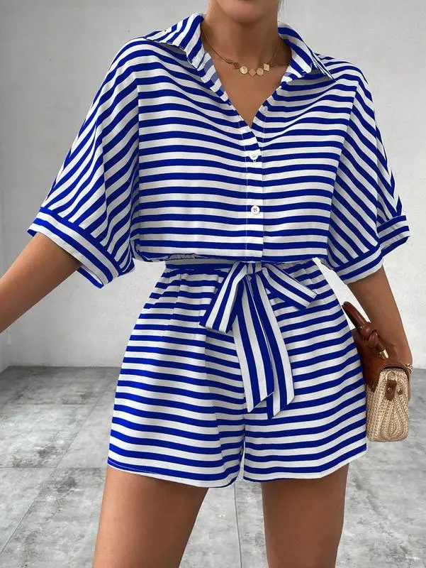 Women's Striped Print Romper, Casual BeltedRomper for Summer, Fashion Women's Clothesfor Daily Wear Comfortable Fit Womenswear Elegance 4