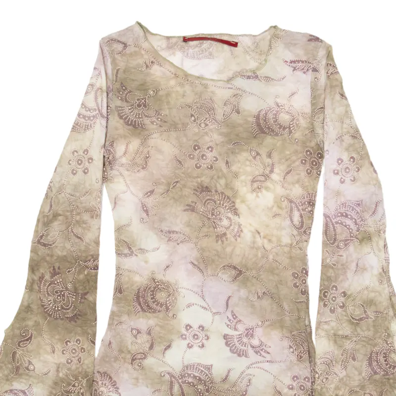 Preowned ZEBRA Flare Sleeve Y2K Womens Printed Top Brown Long Sleeve Crazy Pattern S 1