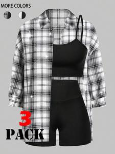 Women's Plaid Print Button Front Shirt & Cami Top & Skinny Shorts Three-Piece Set, Casual Drop Shoulder Long Sleeve Top & Spaghetti Strap Crop Top & Short Leggings, Ladies Clothes for All Seasons