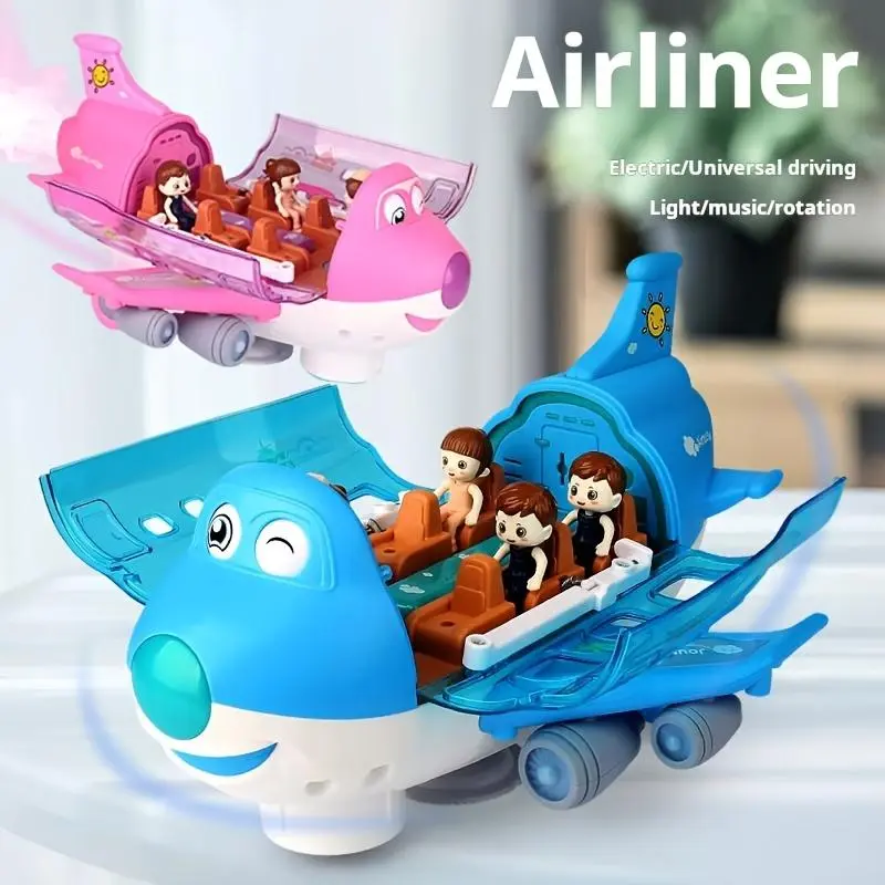 Automatic Walking Airplane Toy 360° Rotation, Lights and Music - Automatic Opening, Obstacle Avoidance, Pink/Blue, All-round Movement, Automatic Switching, Accessories Random Color, Battery Not Included 0