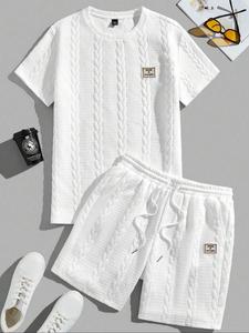 Men's Solid Jacquard Tee & Shorts Two-piece Set, Regular Fit Casual Round Neck Short Sleeve T-shirt & Track Shorts, Men's Summer Clothes