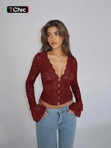 Women's Plain Scallop Trim Button Front Flounce Sleeve Lace Top, Casual Fashion V Neck Long Sleeve Top for Fall & Winter, Women's Clothing for Daily Wear, Tall Clothing Women Valentine's Day, Gift,  Tops for Women Uk