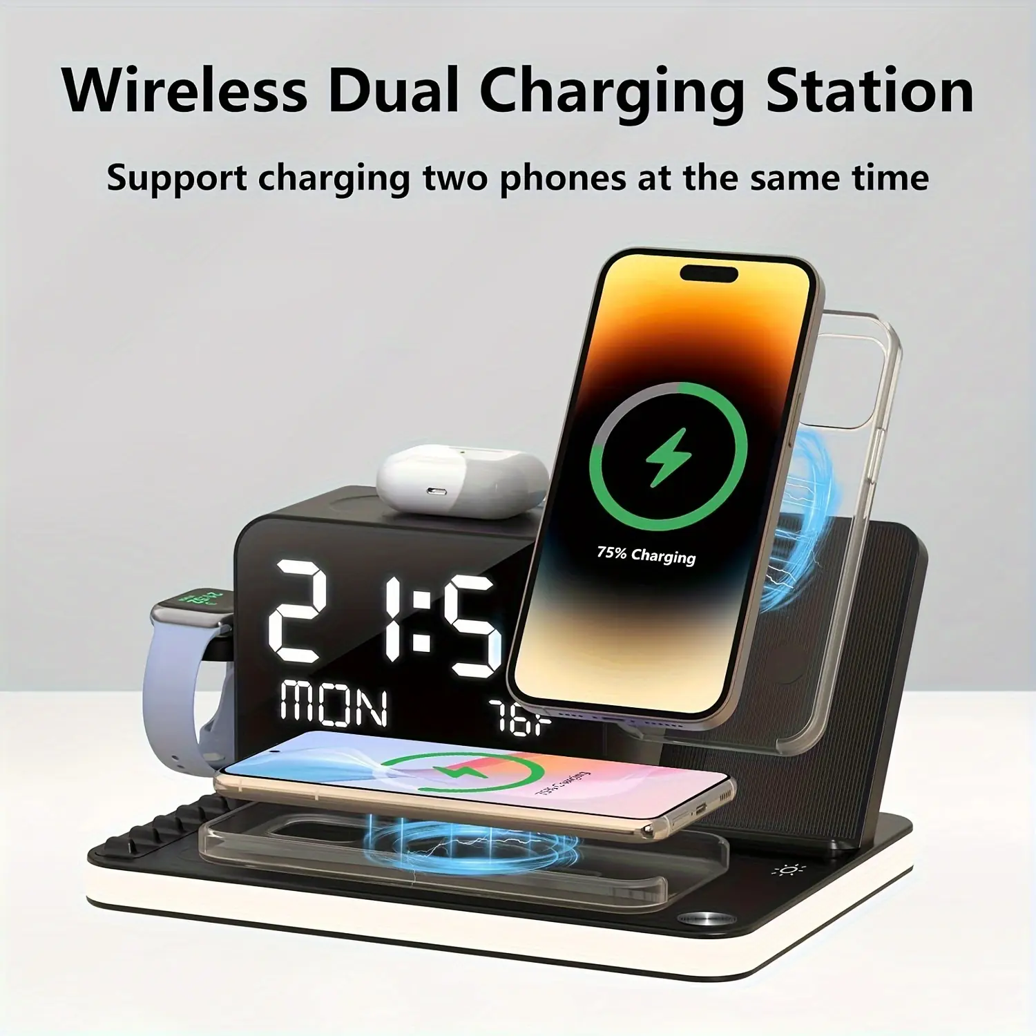 RAZZAQ MART SHOP BezosMax 7 in 1 Dual Phone Wireless Charging Station with Night Light, Phone stand, Phone TimeSync, Time week Temperature display, 30W Adapter, Fast Charging Dock for iPhone & Airpods & iWatch, Wired output USB C & USB A