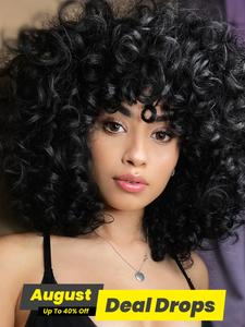 Women's 14 Inch Long Coily Wigs with Bangs, Retro Fashion Gorgeous Fluffy Synthetic Wigs for Party, Cosplay and Daily Wear, Holiday Dress-up Hair Accessories or Gifts