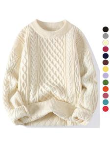 Women's Solid Textured Cable Knit Sweater, Casual Drop Shoulder Long Sleeve Round Neck Jumper for Fall & Winter, Ladies' Knitwear for Daily Wear